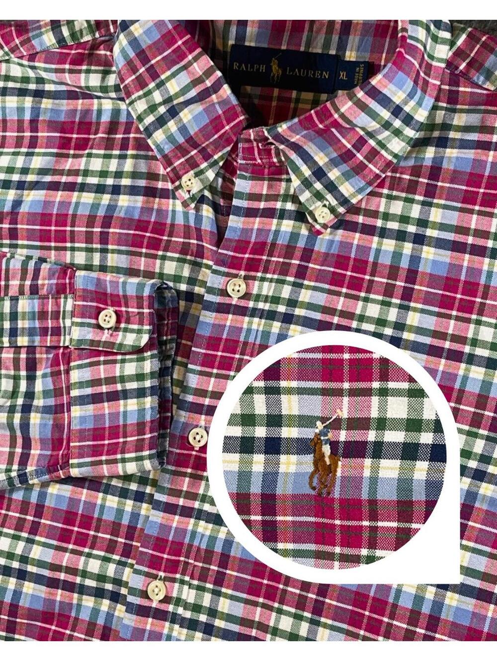 Ralph Lauren Men's Pink & Green Plaid Button-Down Shirt With Full Color Pony XL
